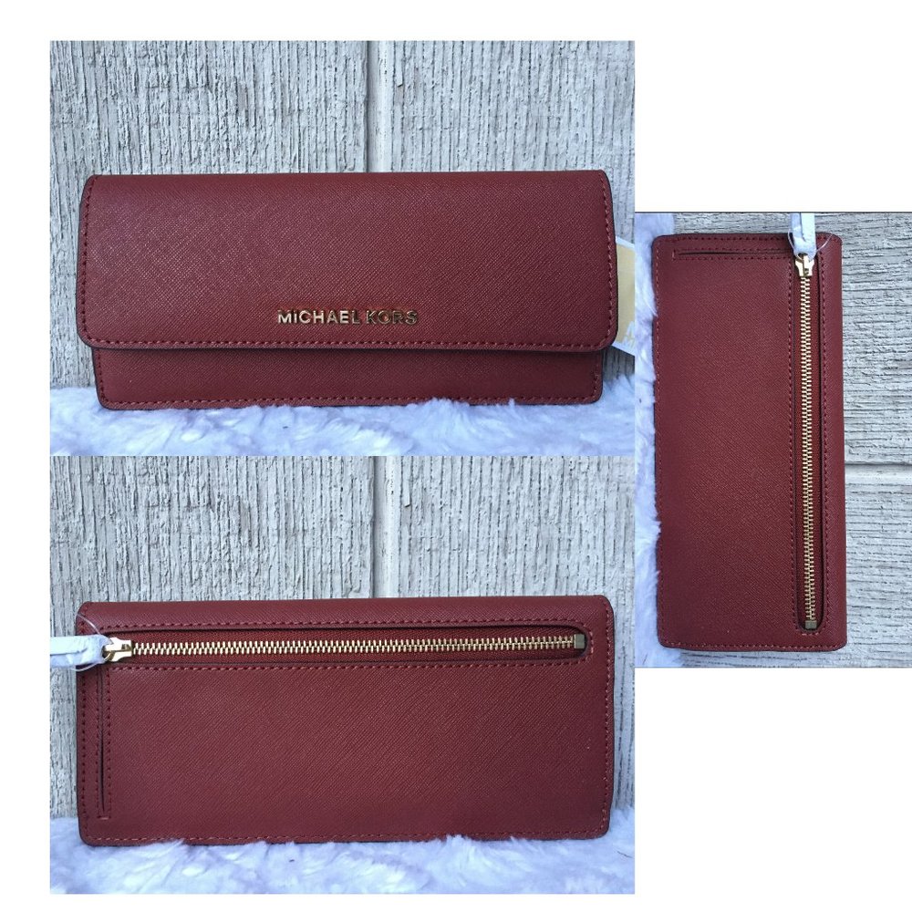 NEW Authentic Michael Kors Flat Saffiano Leather Snap Closure Wallet BRICK Color